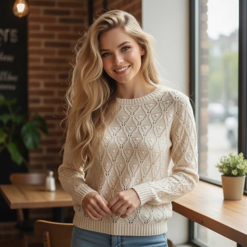Tommy Hilfiger Cream Color Cotton Pointelle Cableknit Sweater